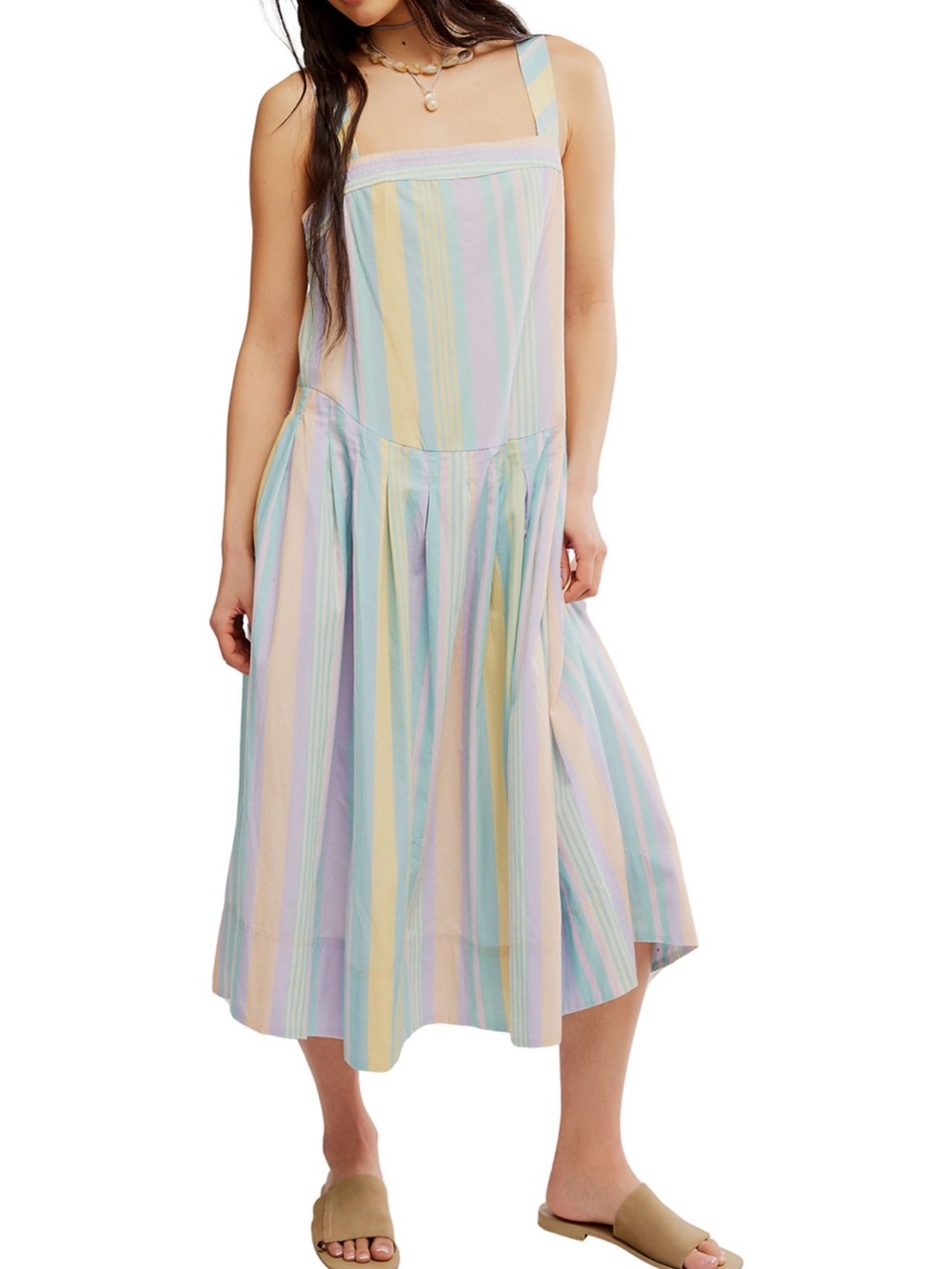 Free People Pastel Striped Midi Dress in Blue, Pink, Yellow, Green, Cream